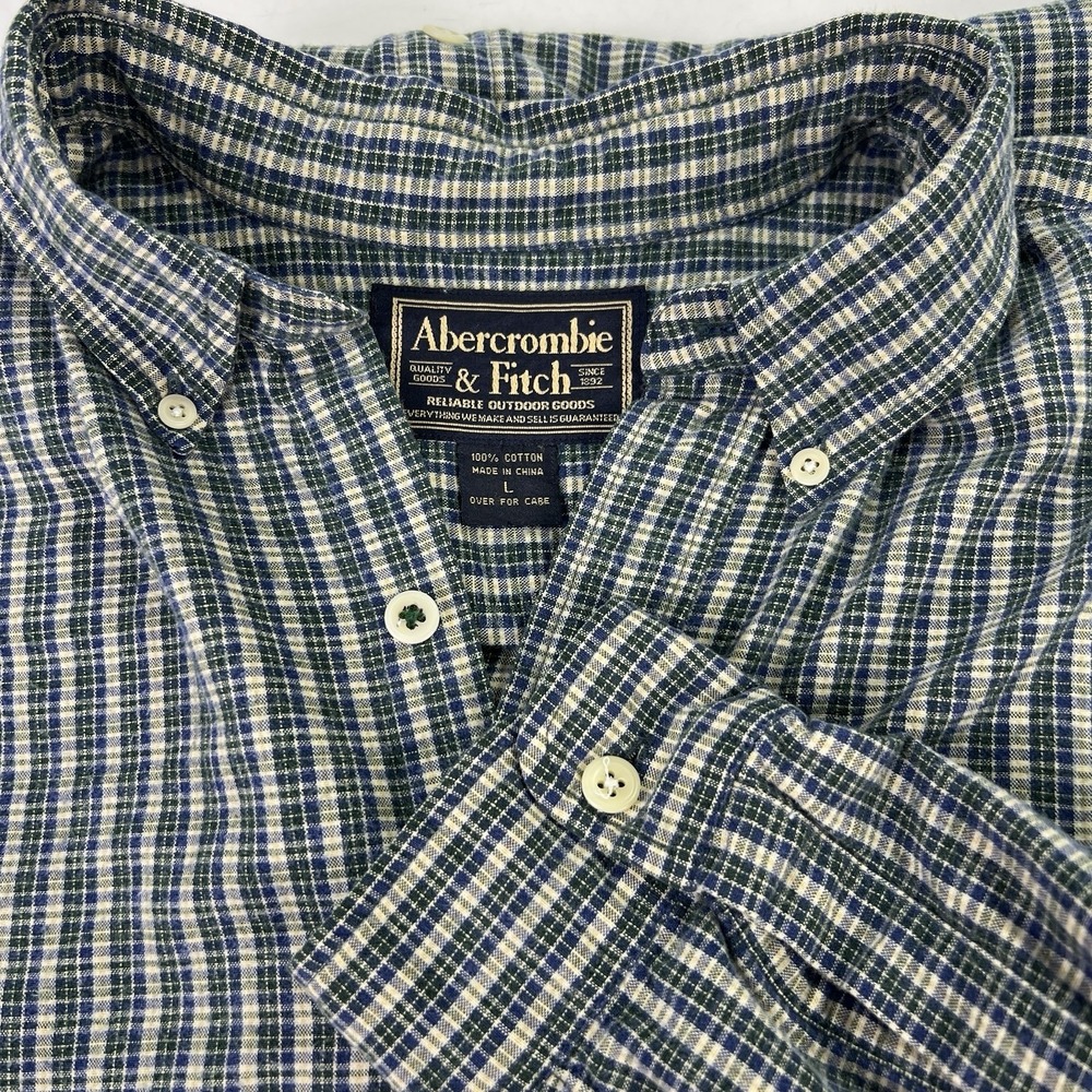 Abercrombie & Fitch Plaid Flannel Button Down Shirt Sz L Blue Green Outdoorsy